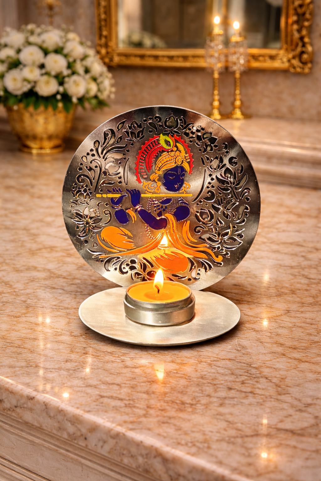 Silver Plated Krishna Tea Light Holder